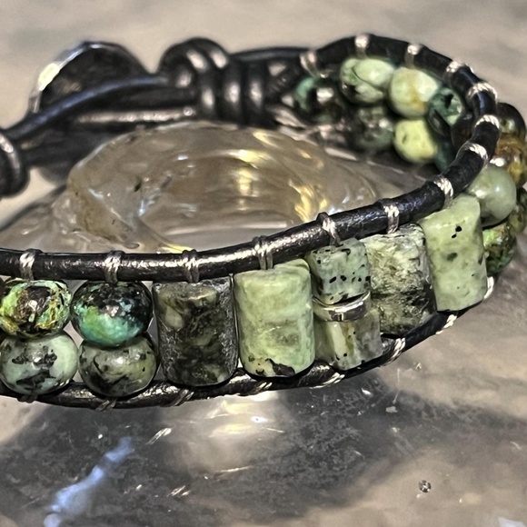 Natural Turquoise Leather Wrap Bracelet Sterling Tiny Heart Charm- Adjustable - Picture 4 of 8